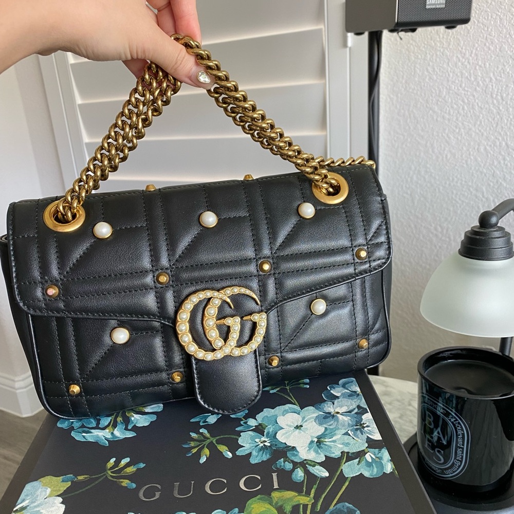 Gucci Matelasse Pearl Stud Marmont Shoulder Bag